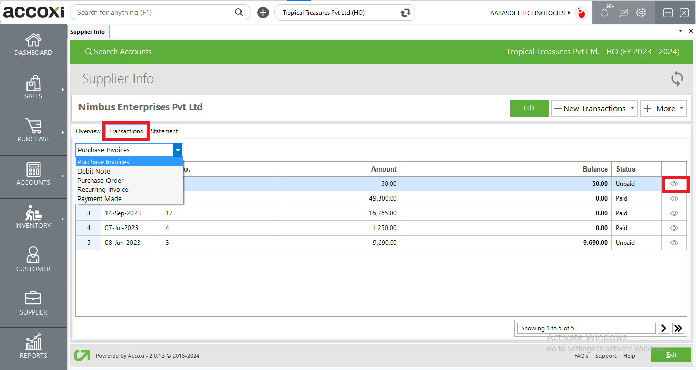 Supplier Info Transactions