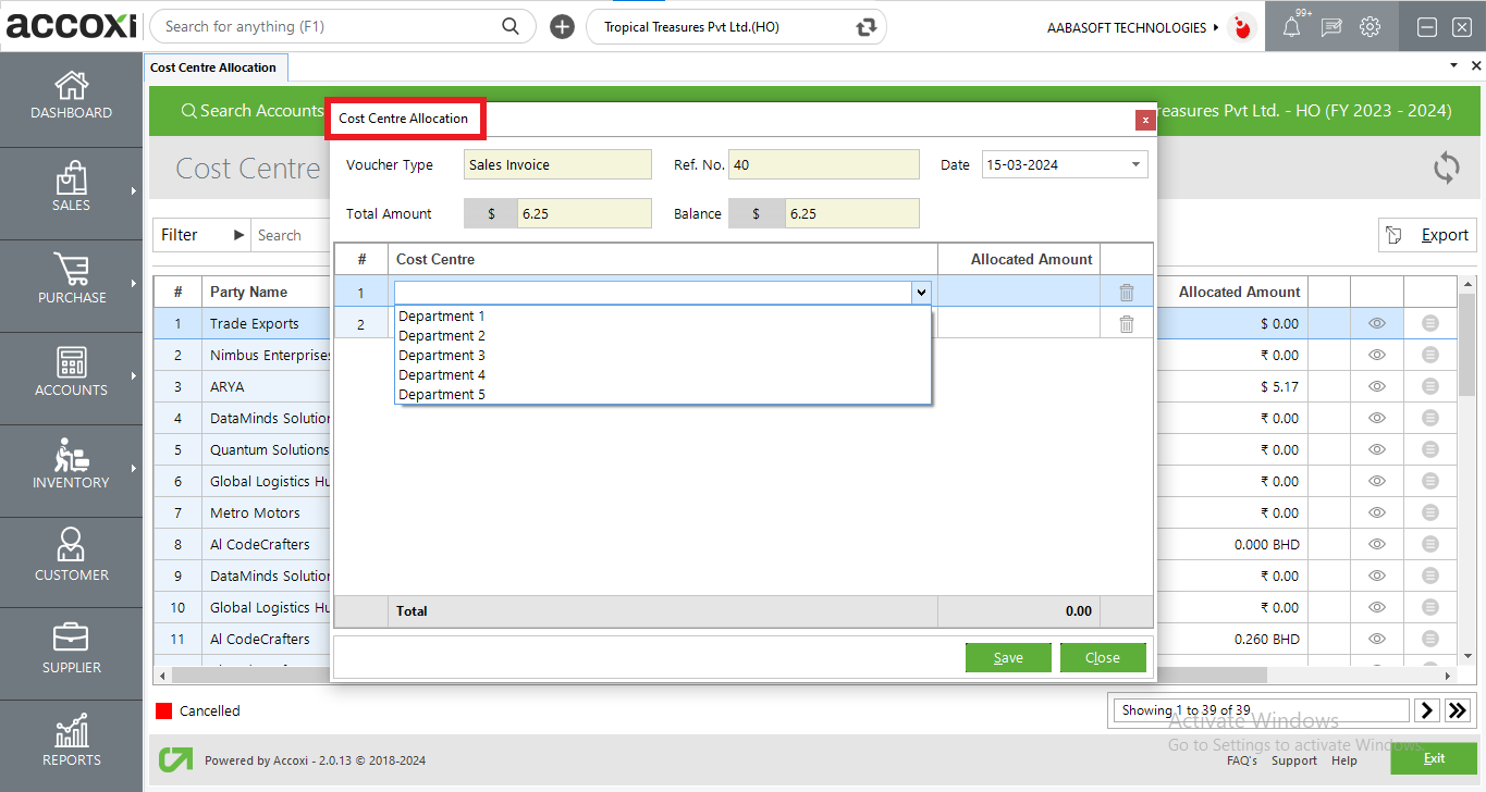 Cost Centre Allocation Option