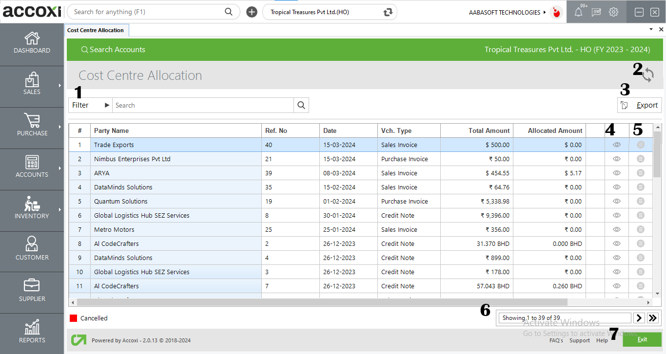 Menus Available In Cost Centre Allocation Search Screen