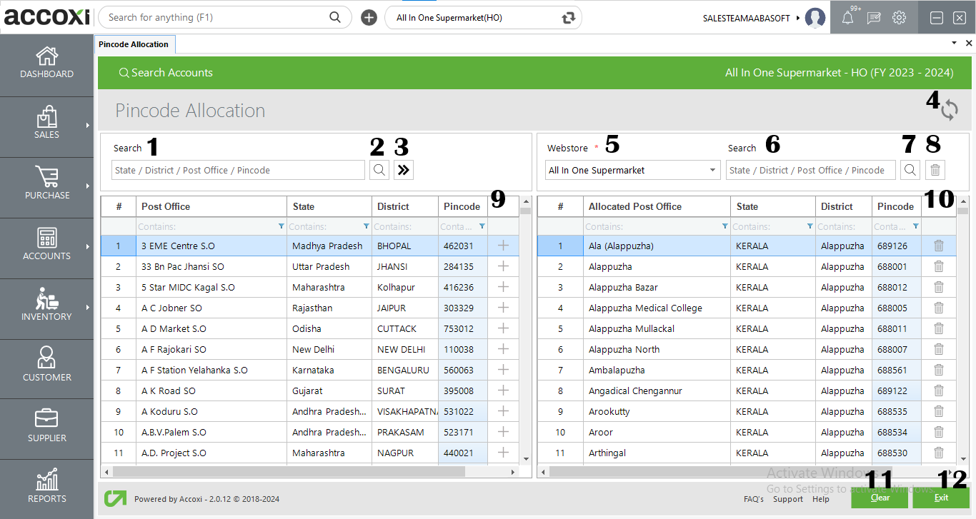 Pincode Allocation Screen