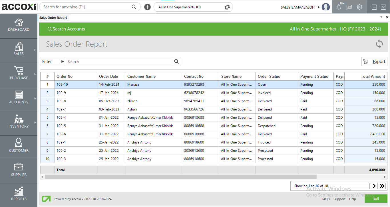 Sales Order Report